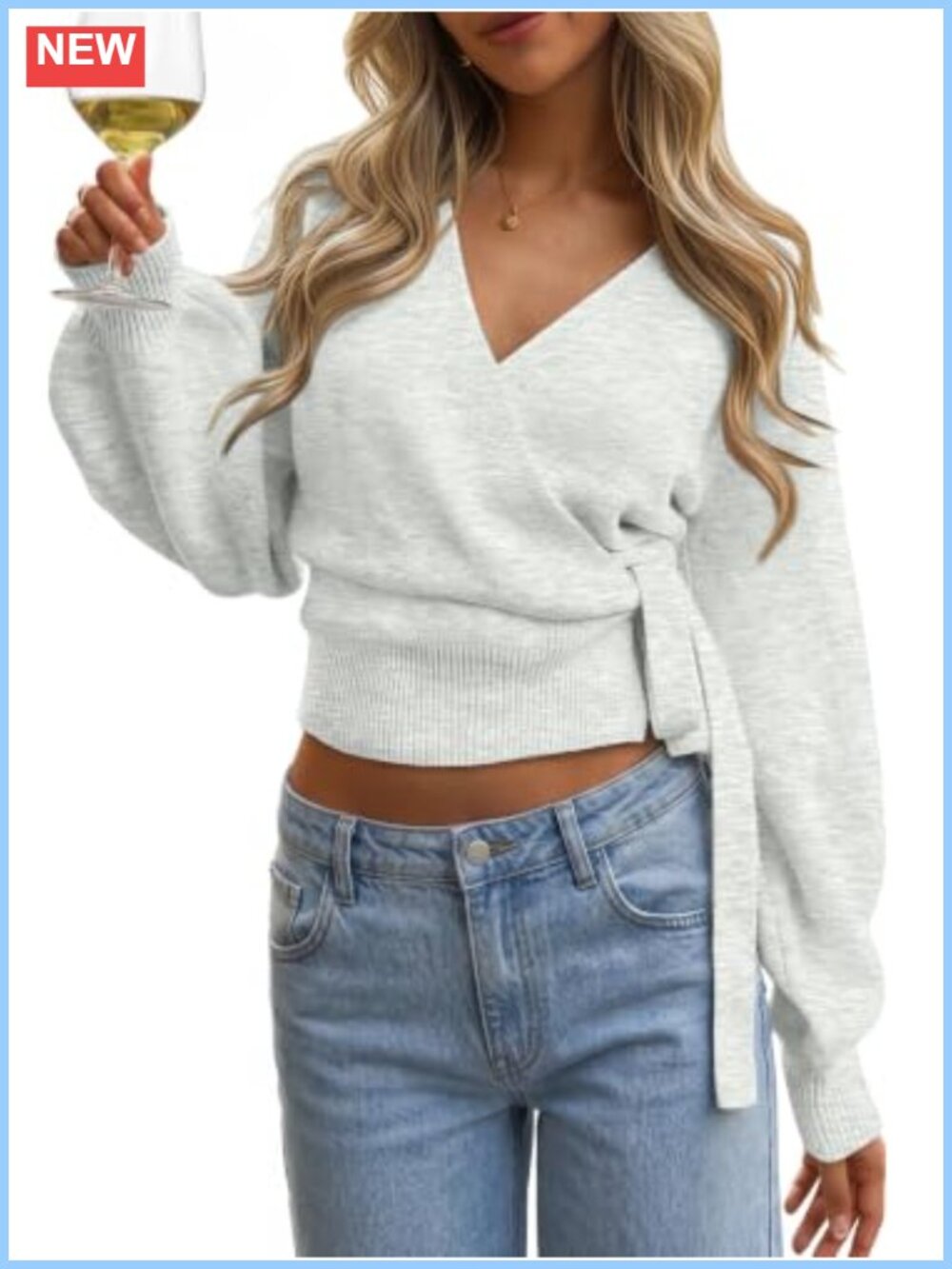 Women's Wrap Cropped Open Front Pullover Sweater Tie Front Long Sleeve